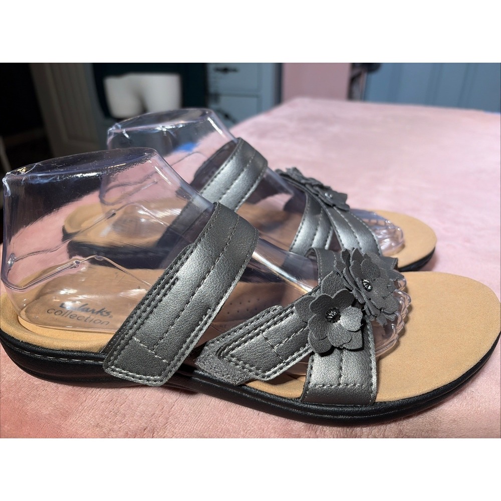 Clarks Collection Leather Slide Sandals Elizabelle Mae Pewter Metallic Sz 10